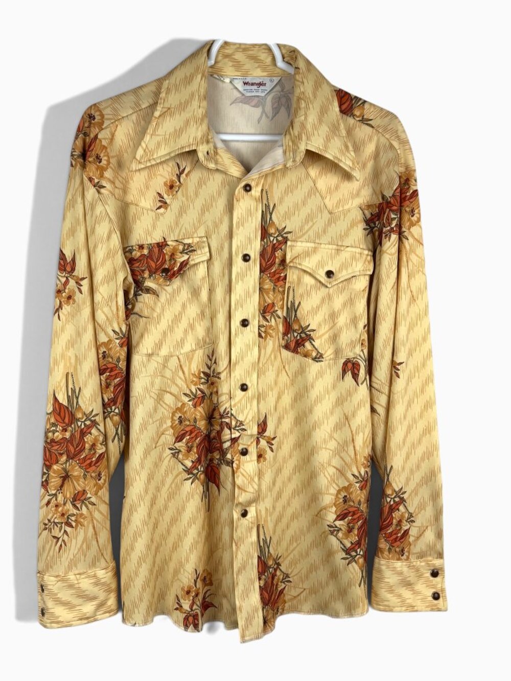 Vintage 70s Wrangler Western Shirt L Floral Monsanto Polyester USA Snap Front